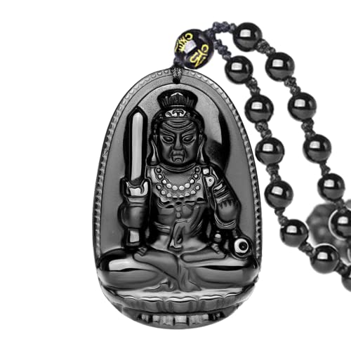 ASGIFT Black Obsidian Necklace Lucky Amulet Protection Pendant with Extended Bead Chain Healing Crystal Stone Talisman Necklaces Jewelry - color: BuDongMingWang