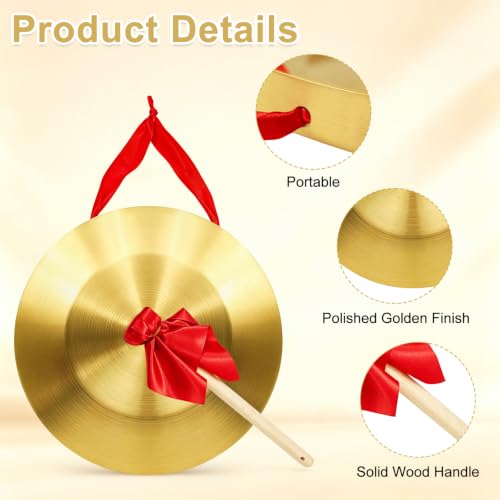 12.6 Inch Gong Instrument with Wooden Beater & Red Hanging Ribbon