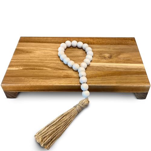 Natural Acacia Wood Pedestal Stand | Wood Riser with Decorative Beads | Kitchen Counter Decor | Soap Tray for Kitchen Sink | Bathroom Tray | Tabletop Wooden Stand (12" x 7" x 1.75" Inch) - size: 12"x7"x1.75"