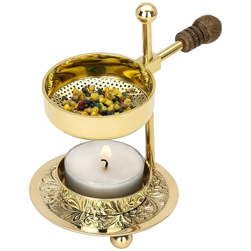Handcrafted Adjustable Resin Incense Burner in Golden Brass with Wooden Handle – Premium Quality Incense Holder with Tealight (4.33 inch) for Aromatherapy and Unique Smoking Experience - color: Gold Wooden Handle