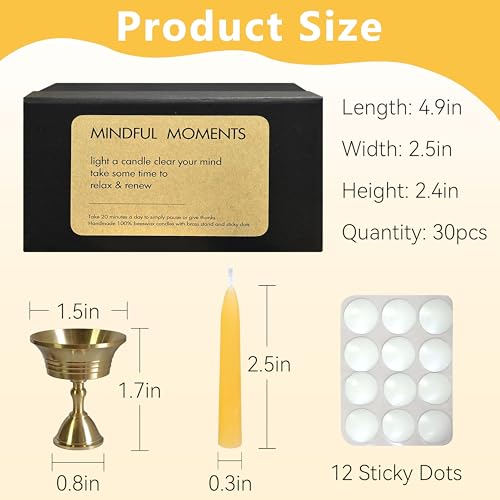 Beeswax Meditation Candles – 34 Pack, Includes Mini Candle Holder & 12 Wax Dots, Slow Burn, Natural Unscented, Yoga Prayer Mindfulness & Relaxation