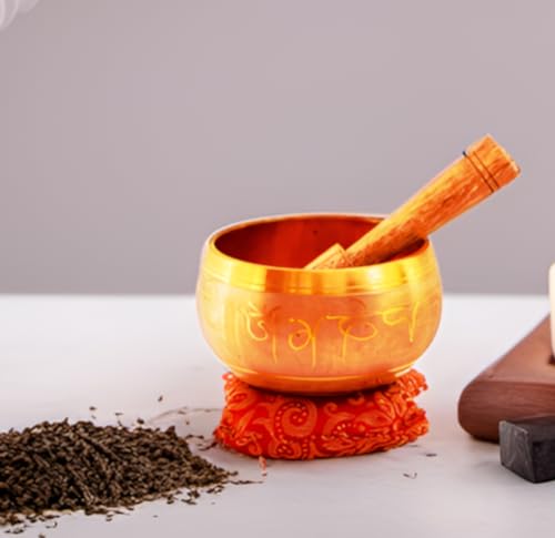 Purpledip Bell Metal Singing Bowl: Tibetan Buddhist Musical Instrument Set For Meditation, 4 inches (11317) - style: Scripture design | 4 inches | Beige