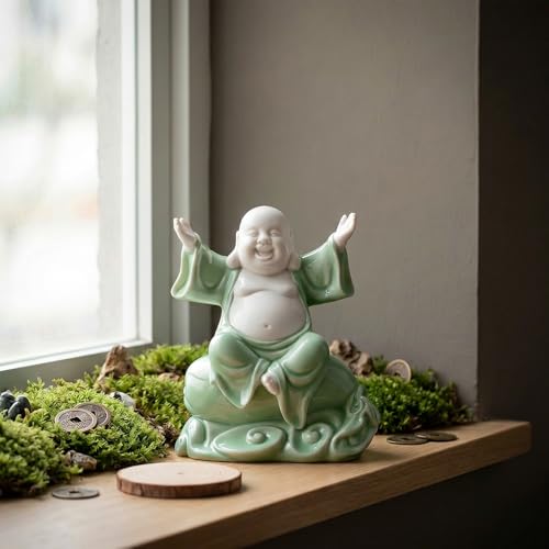 Laughing Buddha Figurine, 4.3" Ceramic Feng Shui Decor, Green - color: Green, size: 4.3INCH