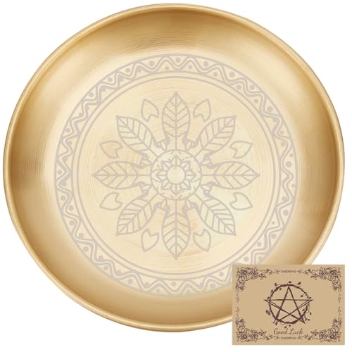 CREATCABIN Floral Altar Ritual Plate Dish Stainless Steel Flat Bowl Round Golden Tarot Offering Bowl Dish Candle Trinket Holder Jewelry Tray for Incense Burner Dowsing Divination 5.55 Inch - style: Golden Floral
