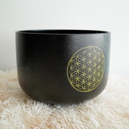 Set of 3 Singing Bowls Life of Flower Black 8-12 inch 8"G 10"E 12"C Frosted Chakra Quartz Crystal Sound Healing Bowls with 1 Mallet Suede 1 Striker 3 O-rings - size: 8"G 10"E 12"C