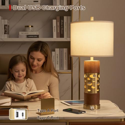 KIVDITZO Mid Century Modern Leather Table Lamps Set of 2 with Night Light