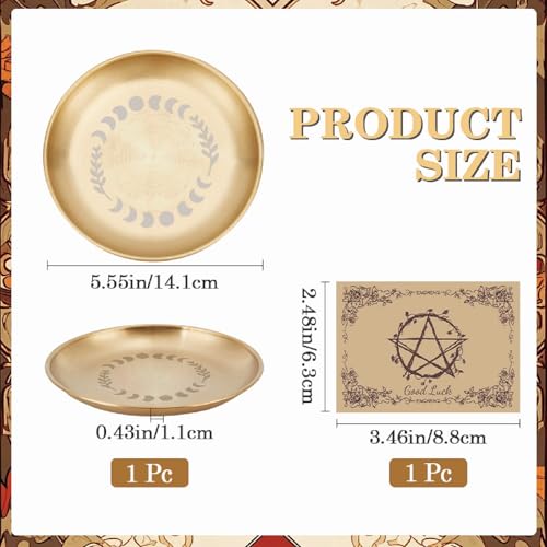 CREATCABIN Moon Phase Altar Ritual Plate Dish Stainless Steel Flat Bowl Golden Round Tarot Offering Bowl Dish Candle Trinket Holder Jewelry Tray for Incense Burner Dowsing Divination 5.55 Inch - style: Golden Moon Phase Leaf