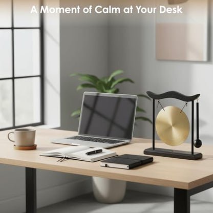 YOUEON Zen Table Gong with Wooden Frame and Mallet, Brass Desktop Meditation Gong Decor, Smooth Polished Copper Ornament for Home, Office, Yoga & Mindfulness Gift