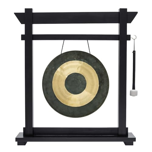 14" Gongs on Black Moksha Joe Stand - Includes Gong, Mallet, & Stand/Small Traditional Chinese Gong/Black Wood w/Matching Mallet/Easy to Assemble/Great for Small Spaces - size: 14" Chau Gong