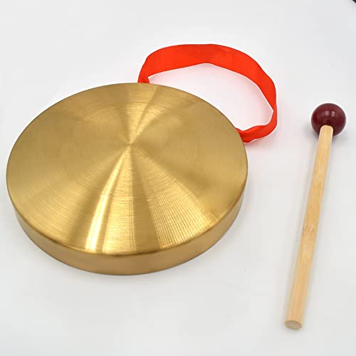 5.9'' Gold Brass Round Gong Home Decoration, Wall Hanging Decoration with Handheld Acoustic Instrument And Hammer