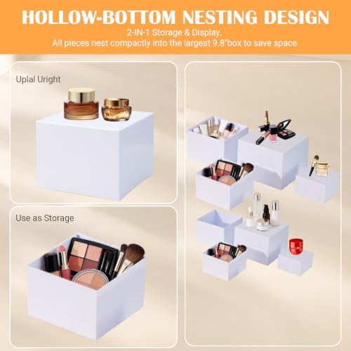 8 Pcs White Buffet Risers with Mini Signs, Nesting HIPS Food Display Stands