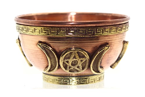 Copper Offering Bowl, 3 Inch Diameter, Altar & Ritual Use, Incense Burner, Smudging Bowl, Triple Moon - style: Triple Moon