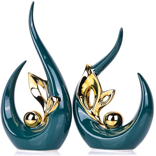 XMGZQ Teal Gold Ceramic Statues for Home Décor Accents,Abstract Art Mid Century Modern Decor,Elegante Centerpiece Table Decorations,Green Sculpture for Entryway,Bookshelf,Tv Stand,Mantel,Coffee Table - color: Teal