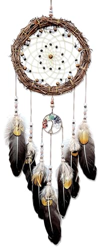 Tree of Life Dream Catcher, Handmade Woven Traditional Craft Rattan Dream Catchers Wall Hanging Ornament,7 Chakras Crystal Healing Stones Art for Bedroom Decor, Festival Blessing Gift (Dark Brown)