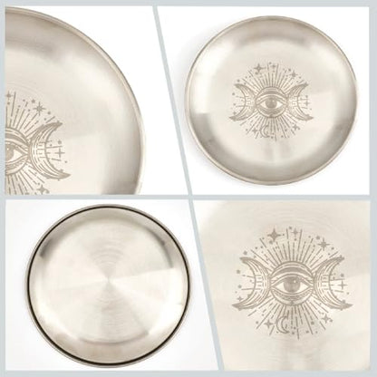 CREATCABIN Eye Altar Ritual Plate Dish Stainless Steel Flat Bowl Round Silver Jewelry Tray Tarot Offering Bowl Dish Candle Trinket Holder for Incense Burner Dowsing Divination 5.55 Inch - style: Silver Eye
