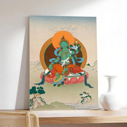 Mother Goddess Green Tara Tibetan Thangka (3) Canvas Poster Wall Art Prints Room Aesthetic Murals Bedroom And Living Decorations Frame 16x24inch - size: Frame 16x24inch