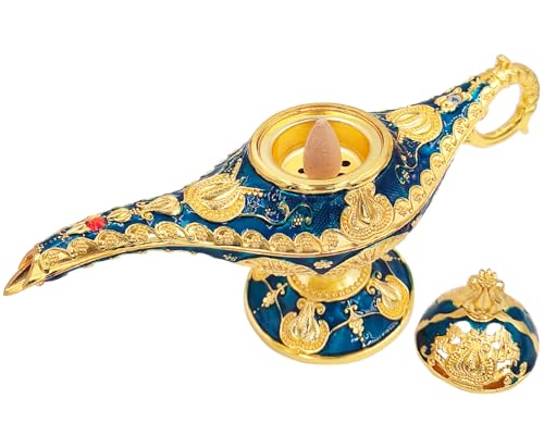 Vintage Aladdin Genie Lamp Cone Incense Holder,Legend Magic Lamp Incense Burner Arabian Costume Props,Wishing Light for Home Decor Birthday Party Wedding Blue - color: Blue