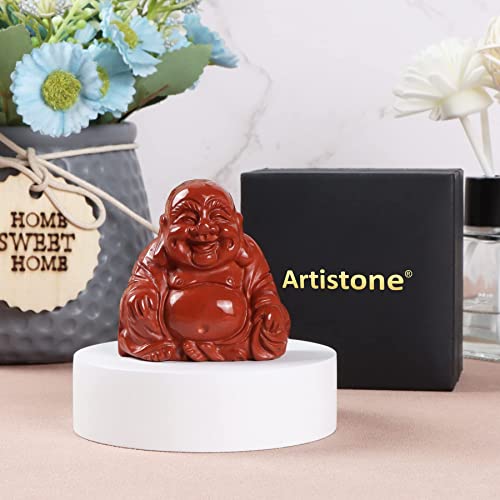 Artistone Red Jasper Crystal Smiling Happy Buddha Statue, 2.0 inch Carved Maitreya Laughing Buddha Figurine Healing Crystal Gemstone Lucky Stone Home Decoration - color: Red Jasper