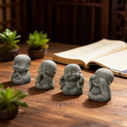 4Pcs Baby Buddha Statue Set, 2 Inch Mini Zen Monk, Sandstone Buddha for Desk Decor, Laughing Buddha for Good Luck, Car Dashboard, Home & Living Room Decor with Blessing Amulet
