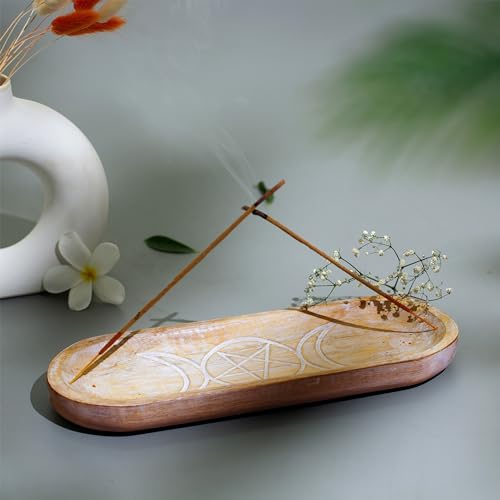 Hand Carved Incense Holder-Incense Burner/Ash Catcher/Handmade Wooden Insence Tray – Modern Gift Home/Room/Kitchen Décor Size 11x4x1.5 Inches - style: SUN MOON WHITE