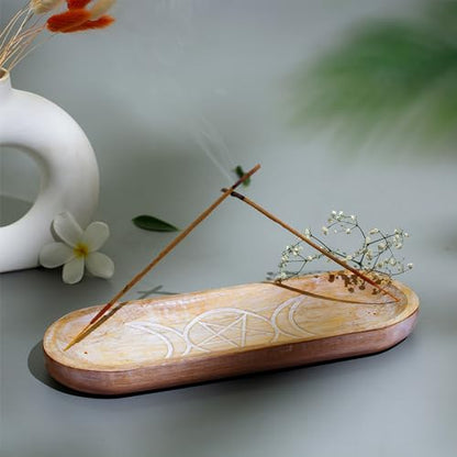 Hand Carved Incense Holder-Incense Burner/Ash Catcher/Handmade Wooden Insence Tray – Modern Gift Home/Room/Kitchen Décor Size 11x4x1.5 Inches - style: SUN MOON WHITE