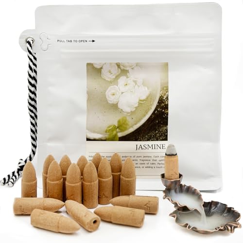 Jasmine Backflow Incense Cones - 50 Large Waterfall Back Flow Cones Scented - Includes 1 backflow Incense Burner