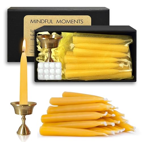 Beeswax Meditation Candles – 34 Pack, Includes Mini Candle Holder & 12 Wax Dots, Slow Burn, Natural Unscented, Yoga Prayer Mindfulness & Relaxation