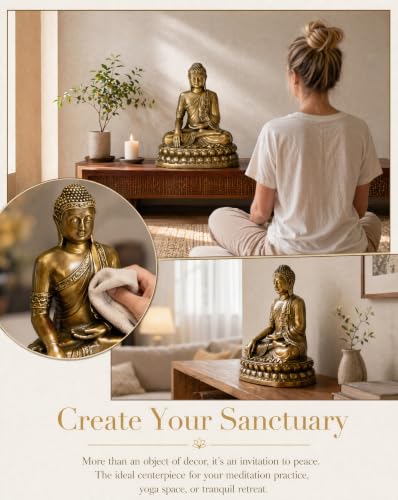 Buddha Statue Brass Buddha 7.5" 2.6lb for Indoor Altar and Meditation