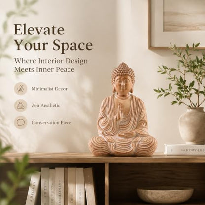 Wood Grain Buddha Statue - Wooden Shakyamuni Buddha for Indoor Home Altar, Hand Carved Wood Grain Resin Meditation Decor（(Housewarming Gift/Mindfulness Aid，7.87inch)