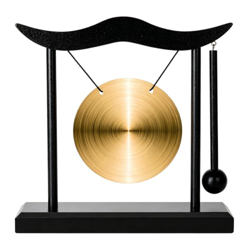 Zen Table Gong, Brass Desktop Meditation Gong with Wooden Frame and Mallet