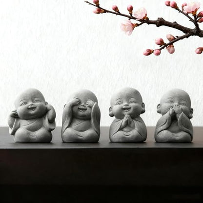 4Pcs Baby Buddha Statue Set, 2 Inch Mini Zen Monk, Sandstone Buddha for Desk Decor, Laughing Buddha for Good Luck, Car Dashboard, Home & Living Room Decor with Blessing Amulet