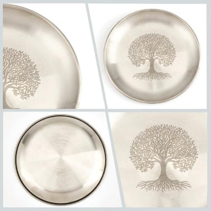 CREATCABIN Tree of Life Altar Ritual Plate Dish Stainless Steel Flat Bowl Silver Jewelry Tray Round Tarot Offering Bowl Dish Candle Trinket Holder for Incense Burner Dowsing Divination 5.55Inch - style: Silver Tree of Life