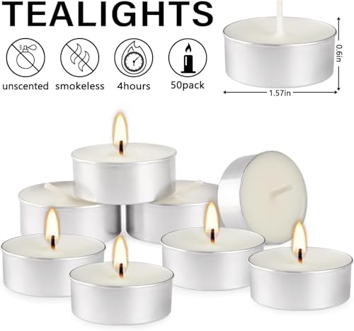 Unscented Tealight Candles 50 Pack, 4 Hours Smokeless Dripless White Mini Tea Lights Bulk for Home, Wedding, Party, Shabbat, Christmas & Emergency Use - color: White, size: 50 Pack