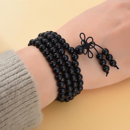 108 Mala Beads Stretch Bracelet 6mm Natural Gemstone Prayer Beaded Necklace - color: Black Onyx