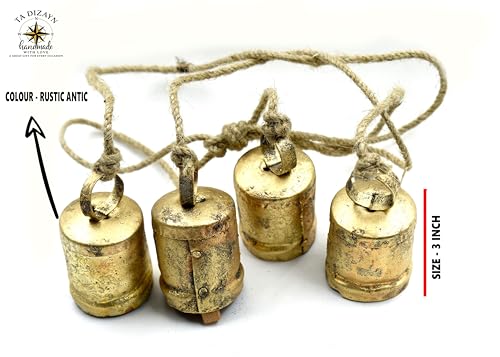TA DIZAYN Handmade Decorative Bells, Gold Finish, Jute Rope, Rustic Style, Wall Hanging Decor, Door Knob, Wiccan Gifts for Home Wall Door