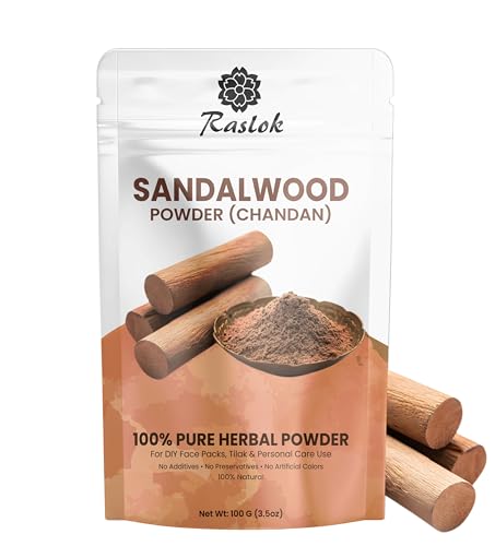 Raslok Sandalwood Powder (Chandan) – 100% Pure Herbal Powder for Face Packs, Tilak & Personal Care – Additive-Free, No Preservatives or Artificial Colors – 100 g (3.5 oz)