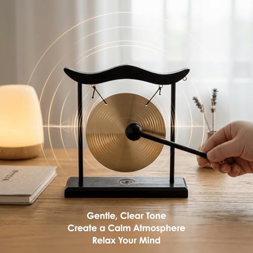 YOUEON Zen Table Gong with Wooden Frame and Mallet, Brass Desktop Meditation Gong Decor, Smooth Polished Copper Ornament for Home, Office, Yoga & Mindfulness Gift