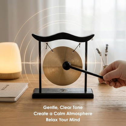 YOUEON Zen Table Gong with Wooden Frame and Mallet, Brass Desktop Meditation Gong Decor, Smooth Polished Copper Ornament for Home, Office, Yoga & Mindfulness Gift