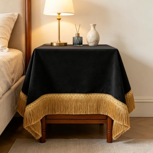 F-CHU Luxury Black Velvet Nightstand Cover with Gold Tassel Fringe, Decorative Bedside Table Cloth, Dust-Proof Dresser Scarf for Bedroom Nightstand, Side Table, Dresser, Home Decor 36 x 36 Inch - color: Black, size: 36" x 36" (Square)
