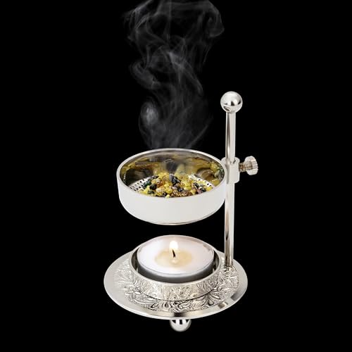 Premium Handmade Nickel-Plated Brass Incense Burner [Silver] with Adjustable Height (4.33 inch) – Includes Screen and Tealight for Perfect Smoking Experience - color: Silver