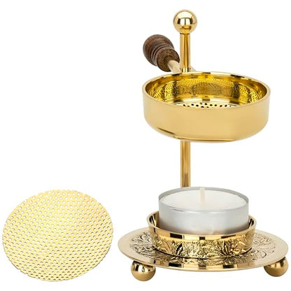 Handcrafted Adjustable Resin Incense Burner in Golden Brass with Wooden Handle – Premium Quality Incense Holder with Tealight (4.33 inch) for Aromatherapy and Unique Smoking Experience - color: Gold Wooden Handle