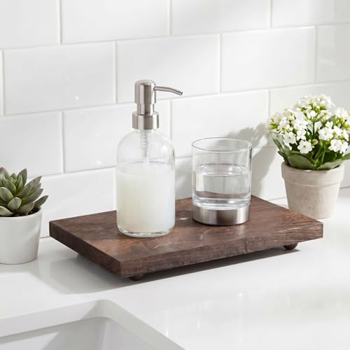 Large Wood Riser Tray - 12 x 7 Inch Farmhouse Wood Pedestal Stand for Kitchen Counter Decor, Soap Tray for Kitchen Sink, Bathroom & Vanity Display for Plants, Candles, Bottles (Dark Brown)
