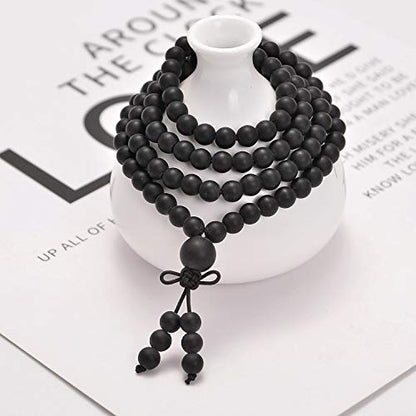 AD Beads 6mm Natural Healing Gemstones Buddhist 108 Prayer Mala Stretchy Bracelet Necklace - color: Matte Black Onyx