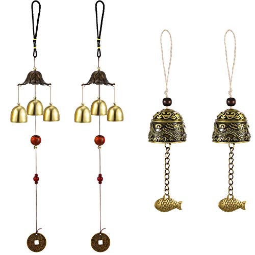 Jetec 4 Pieces Feng Shui Wind Chime for Good Luck 3-Bell Vintage Hanging Wind Chime Vintage Dragon Bell for Wealth Home Garden Patio Hanging Blessing Decoration