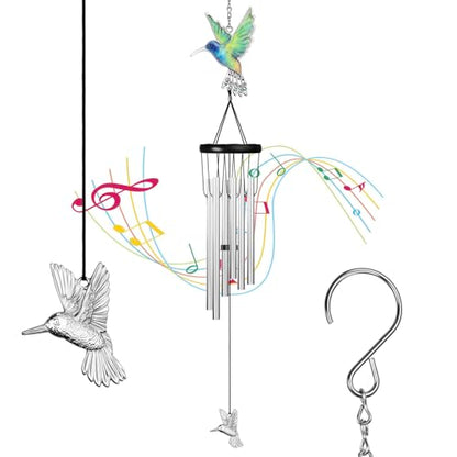 Outdoors Hummingbird Wind Chimes Sympathy Memorial for Loss of Loved One - Soothing Melodic Tones Aluminum Chime Great as a Gift for Your Patio Porch Garden and Backyard (Silvery, Hummingbird) - size: 24.1" Silvery Hummingbird