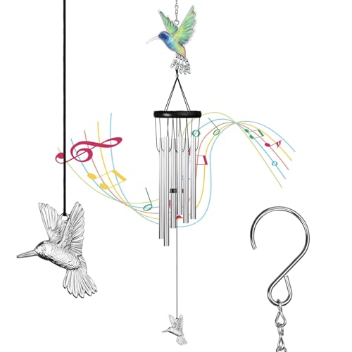 Outdoors Hummingbird Wind Chimes Sympathy Memorial for Loss of Loved One - Soothing Melodic Tones Aluminum Chime Great as a Gift for Your Patio Porch Garden and Backyard (Silvery, Hummingbird) - size: 24.1" Silvery Hummingbird