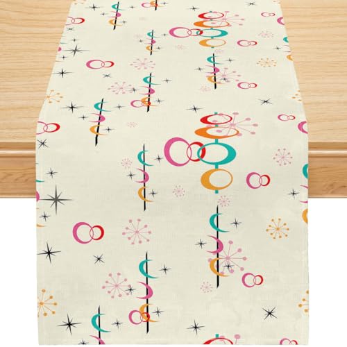 Mid-Century Atomic Linen Table Runner, Retro Geometric Circles and Starburst Design in Colorful Boho Style, Vintage Atomic Star Kitchen Dining Table Decor, 13x36 Inch - color: Beige Colorful Atomic, size: 13x36inch