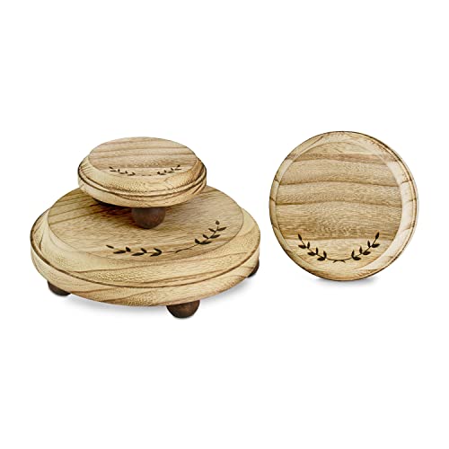 MOOCA 3 Pcs Set Stackable Round Wooden Display Riser, Small Wood Risers for Decor, Pedestal Stand for Home Kitchen, Collection Display, Showcase, Garden and Store - color: Oak, 3 Pcs, Round Shape