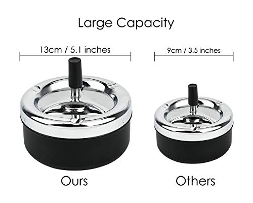 Round Push Down Ashtray with Spinning Tray Metal Cigarette Ash Tray Large 5.2 Inches Home Ashtray for Indoor and Outside Patio (Silver) - color: Silver