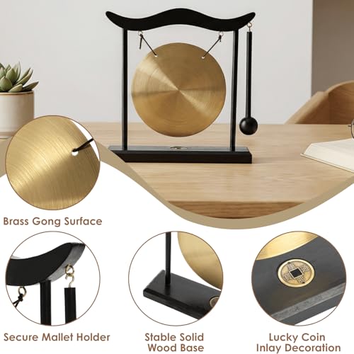 YOUEON Zen Table Gong with Wooden Frame and Mallet, Brass Desktop Meditation Gong Decor, Smooth Polished Copper Ornament for Home, Office, Yoga & Mindfulness Gift